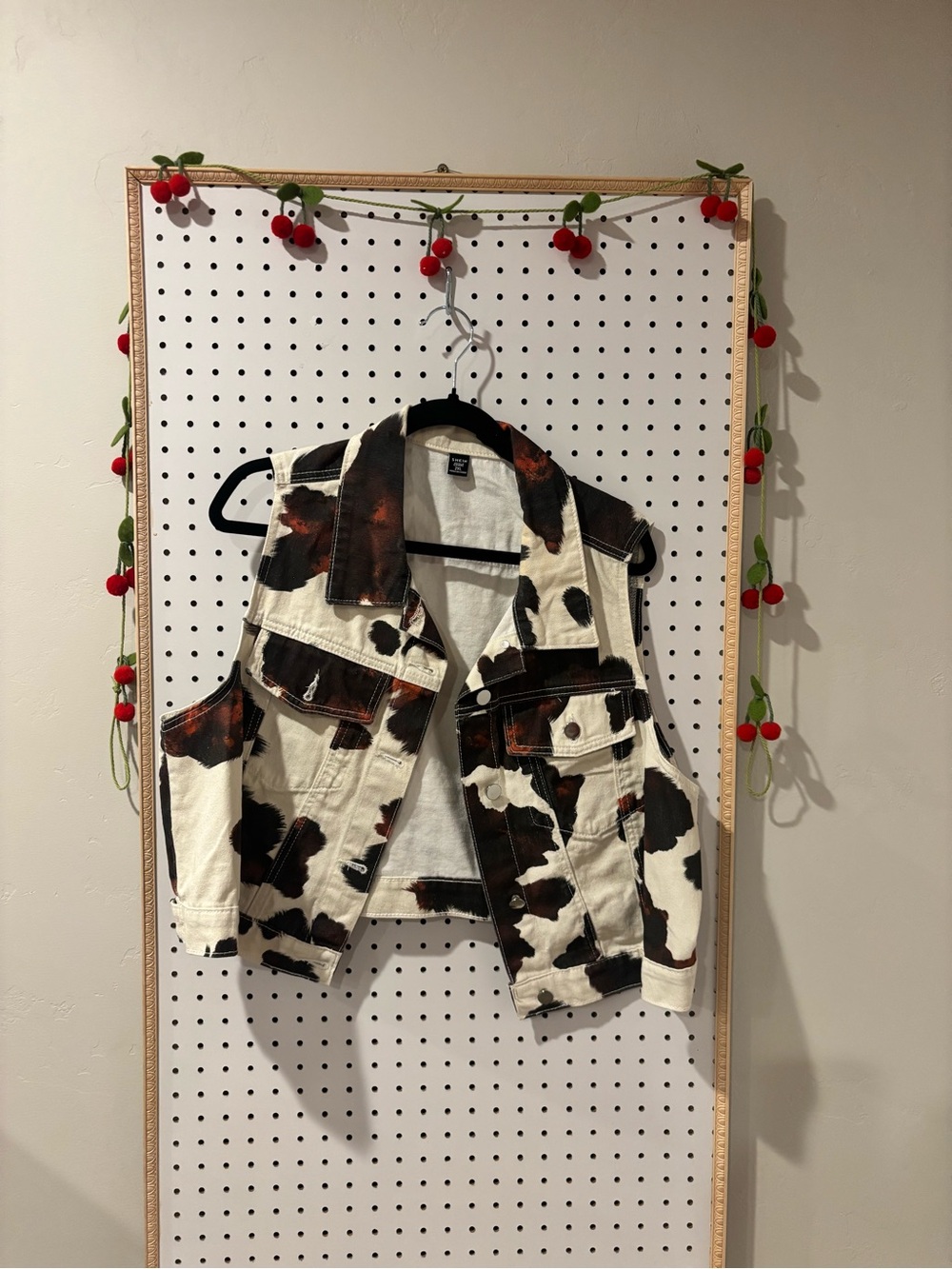 Cow Print Denim Vest in Cream and Black with Brown Accents